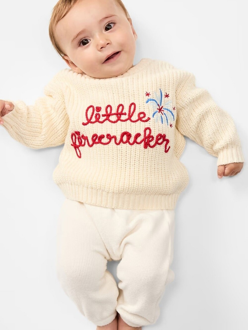 Old Navy Little Firecracker Loose Unisex Knit Baby Sweater Cream 12 - 18 Months